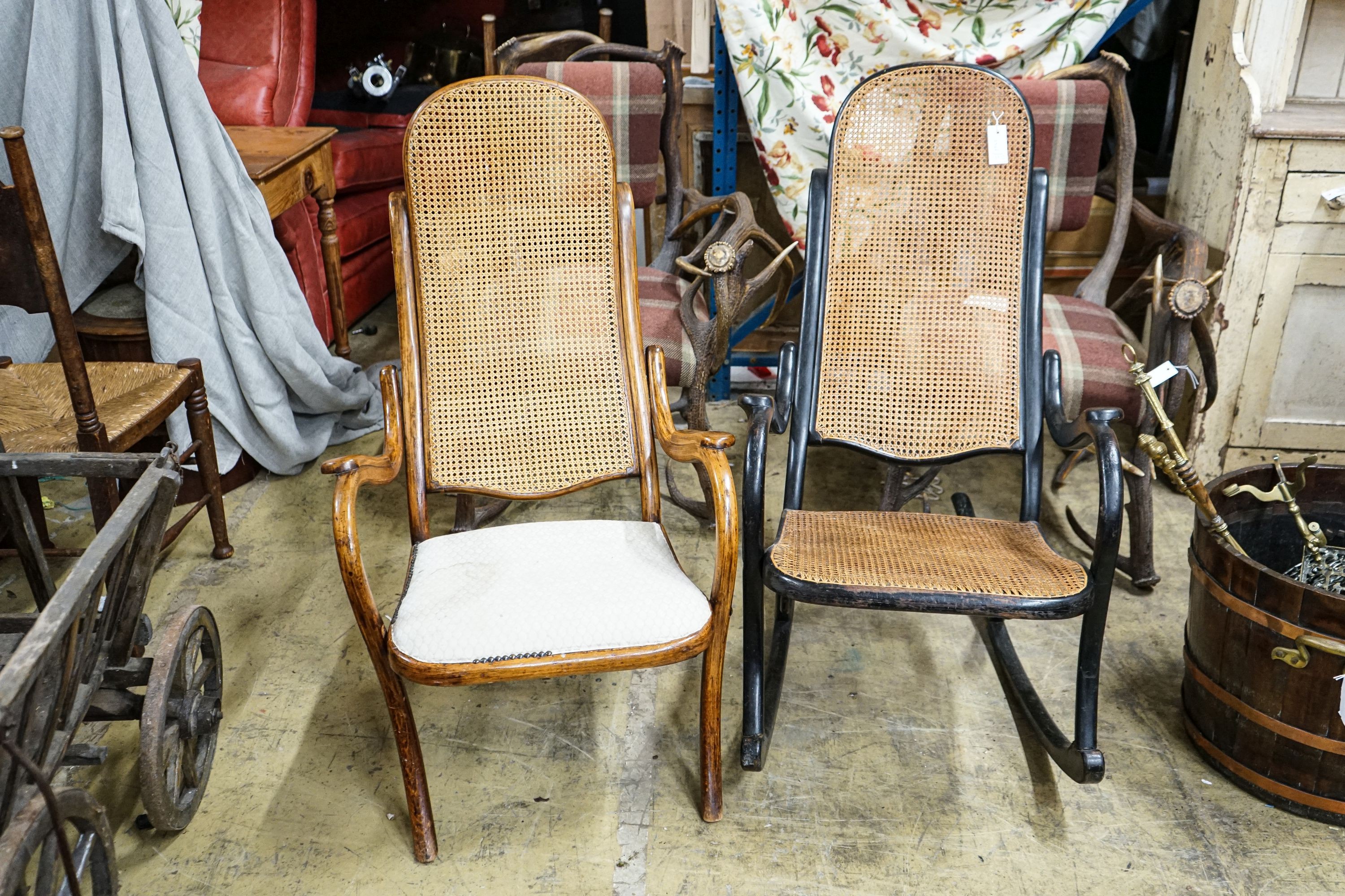 An ebonised Thonet-style caned Bentwood rocking chair and one other bentwood chair